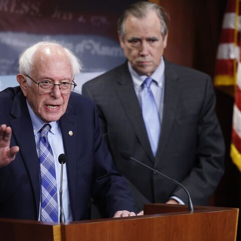 US Sen. Bernie Sanders, joined by fellow US Sens. Chris Van Hollen, Jeff Merkley and Peter Welch, listens to a question at a news conference on restricting arms sales to Israel at the US Capitol on Nov. 19, 2024, in Washington, DC. 