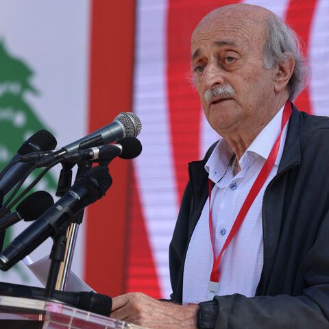 Walid Jumblatt delivers a speech during a gathering in Ain Zhalta on June 25, 2023.