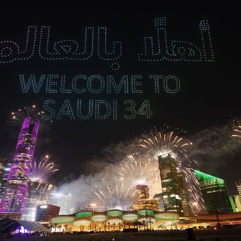 RIYADH, SAUDI ARABIA - DECEMBER 11: A drone show is seen displaying the words "Welcome to Saudi 34" as Saudi Arabia is announced as the host nation for the FIFA World Cup 2034 on December 11, 2024 in Riyadh, Saudi Arabia. (Photo by Christophe Viseux/Getty Images for Saudi Arabian Football Federation)