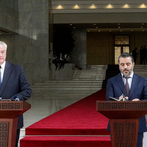 Asaad Shaybani, Foreign Minister for the interim Syrian government, and Ukraine's Foreign Minister Andrii Sybiha (Andriy Sybiga) give a joint press conference in Damascus on December 30, 2024. Ukraine's Foreign Minister on December 30 urged the new Syrian leader to expel Russia from the country during an unannounced visit to Damascus. Moscow was one of former president Bashar al-Assad's key backers, intervening to help to turn the tide of Syria's civil war in his favour in 2015. The ex-president's toppling 