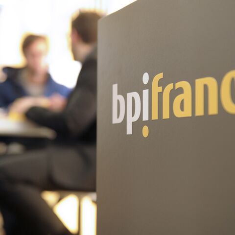 The logo of bpifrance at an entrepreneurship fair in Paris, Feb. 4, 2015.