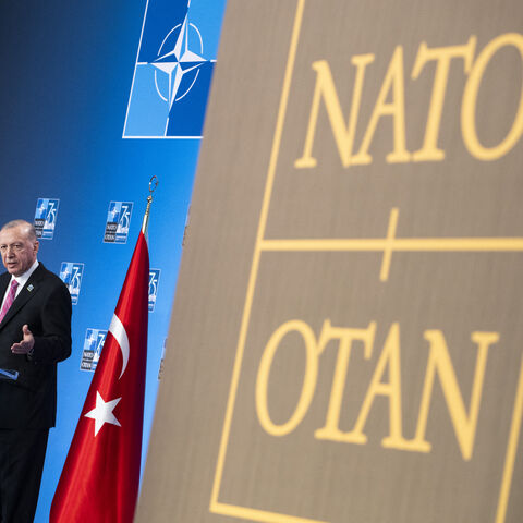 Turkish President Recep Tayyip Erdogan speaks during a press conference on the sidelines of the NATO 75th anniversary summit at the Walter E. Washington Convention Center in Washington, DC, July 11, 2024. (Photo by ROBERTO SCHMIDT / AFP) (Photo by ROBERTO SCHMIDT/AFP via Getty Images)