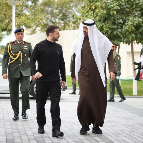 Voladymyr Zelenskyy meets with President Mohammed bin Zayed Al Nahyan in Abu Dhabi, on Feb. 17, 2025.