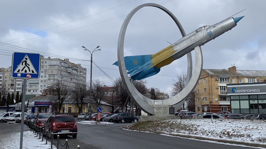 A Russian made Mig-21 fighter jet showcased outside the Officers Club of the Air Force Command of the Armed Forces of Ukraine, Vinnitsyia Ukraine, Jan. 21 2021. (Amberin Zaman/Al-Monitor)