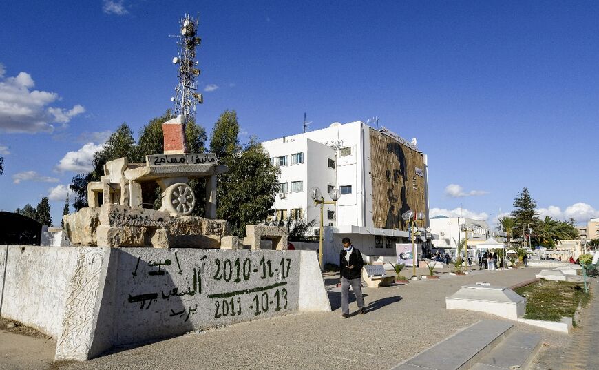 A sculpture of Mohamed Bouazizi's cart stands in the town of Sidi Bouzid in central Tunisia, the cradle of the 2011 Tunisian revolution