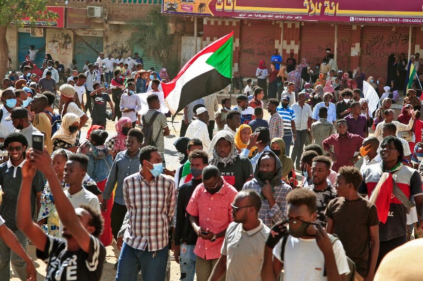 Sudanese protesters in Omdurman, one of several cities where anti-coup demonstrations took place on Monday 