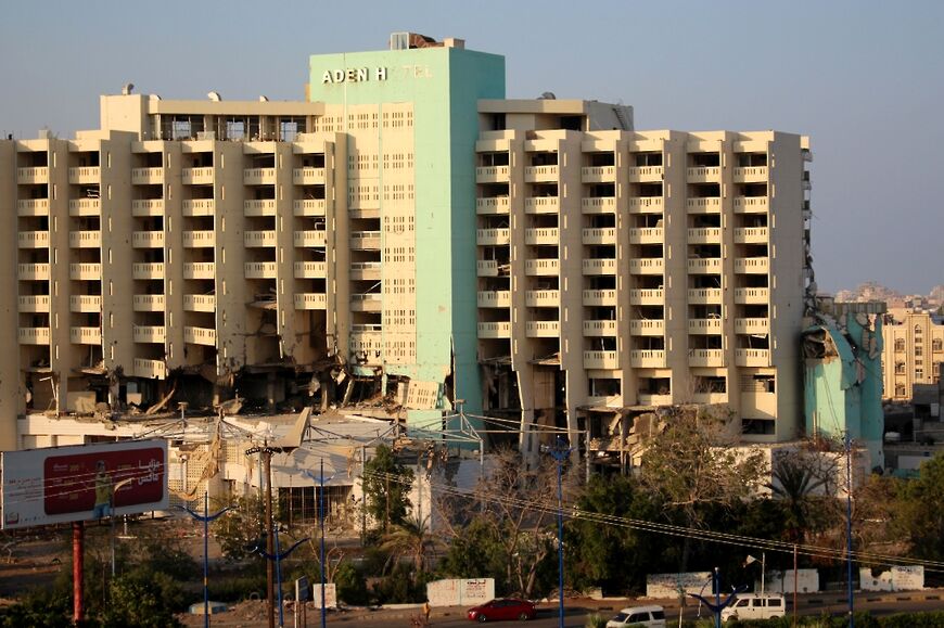 The derelict Aden Hotel in the southern Yemeni city, pictured on March 3, 2022