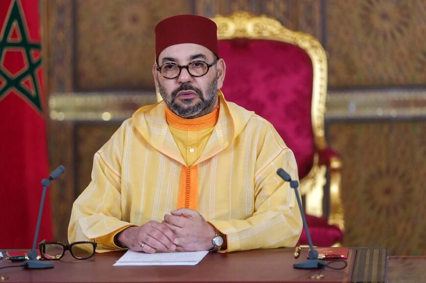 Morocco's King Mohammed VI, seen addressing parliament via video link from the Royal Palace in the northeastern city of Fez, on October 8, 2021