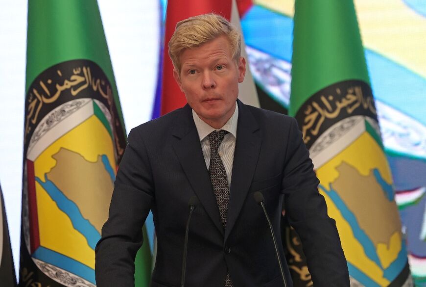 UN special envoy for Yemen Hans Grundberg speaks during a conference on Yemen's war hosted by the six-nation Gulf Cooperation Council in the Saudi capital Riyadh on March 30, 2022