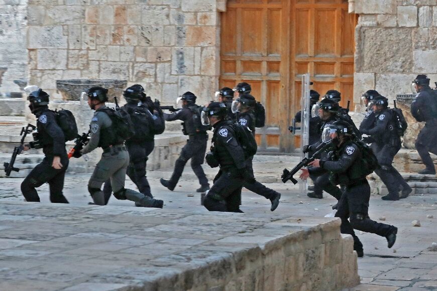 Israeli security forces deploy inside Jerusalem's Al-Aqsa Mosque Compound following clashes with Palestinian protesters on Friday morning