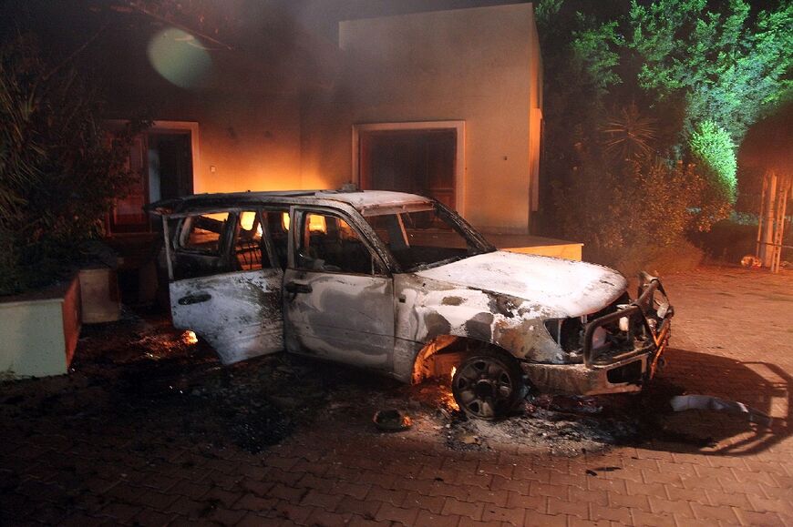 A vehicle and surrounding buildings of the US consulate compound in Benghazi, Libya after an attack by Ansar al-Sharia extremists