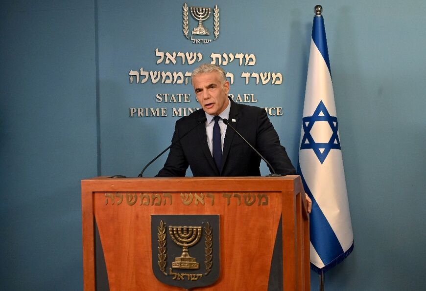 Israeli Prime Minister Yair Lapid speaks at a security briefing about Iran for the foreign press as the United States moves closer to restoring a nuclear deal