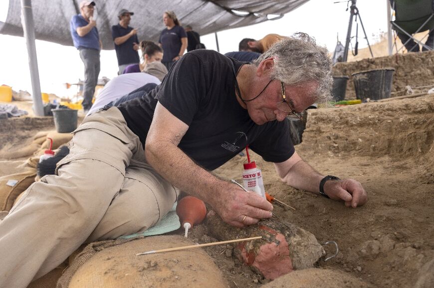Professor Israel Hershkovitz of Tel Aviv University working on August 31 2022 at the site where the tusk was discovered