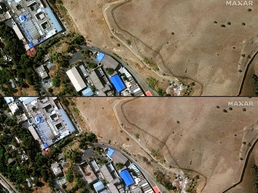 This combination of handout satellite images released by Maxar Technologies on October 17 shows the before (top) and after (bottom), of one of the buildings in Iran's Evin prison complex in Tehran, damaged by a fire