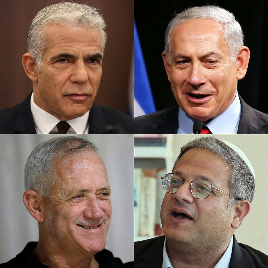 Prominent Israeli candidates, from top left: caretaker Prime Minister Yair Lapid, ex-PM Benjamin Netanyahu, Defence Minister Benny Gantz and far-right lawmaker Itamar Ben-Gvir