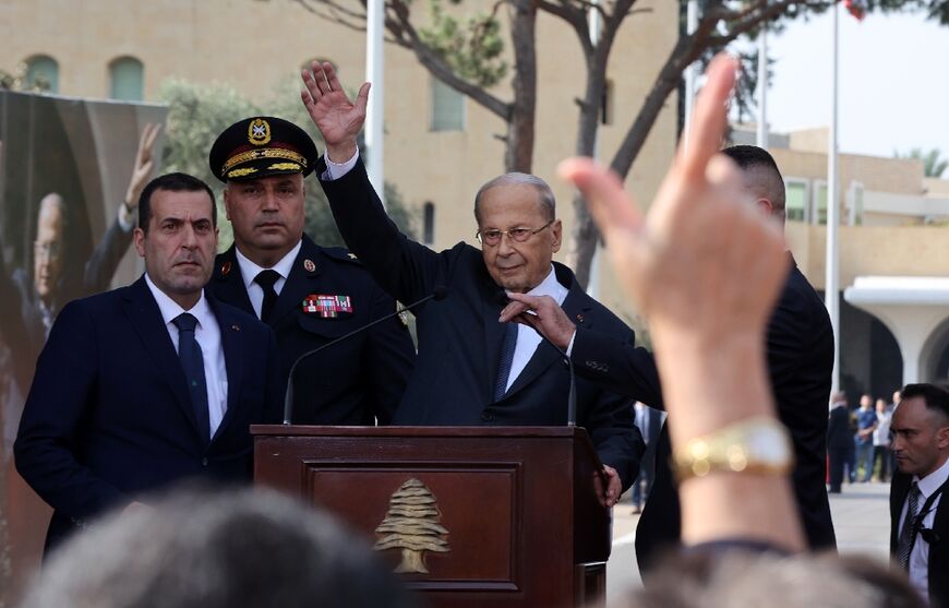 Lebanon's president Michel Aoun waves before delivering a speech to mark the end of his mandate on Sunday