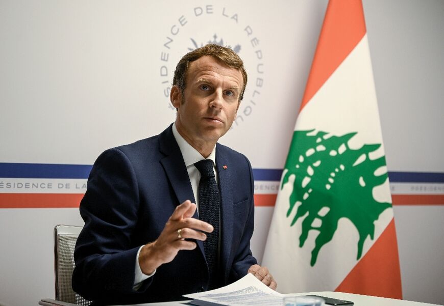 Macron takes part by video link in a Lebanon donors' conference in August 2021, one year after a cataclysmic port explosion ravaged the heart of Beirut and killed more than 200 people