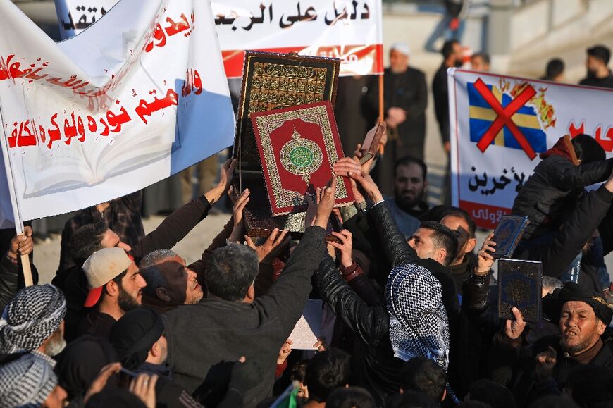 Syrians in the northern town of Al-Bab march on Monday to denounce the burning of a Koran by a Swedish politician