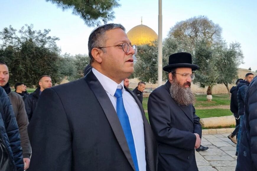 Israeli cabinet minister Itamar Ben-Gvir walks through the courtyard of Jerusalem's Al-Aqsa mosque compound, which Jews know as the Temple Mount 