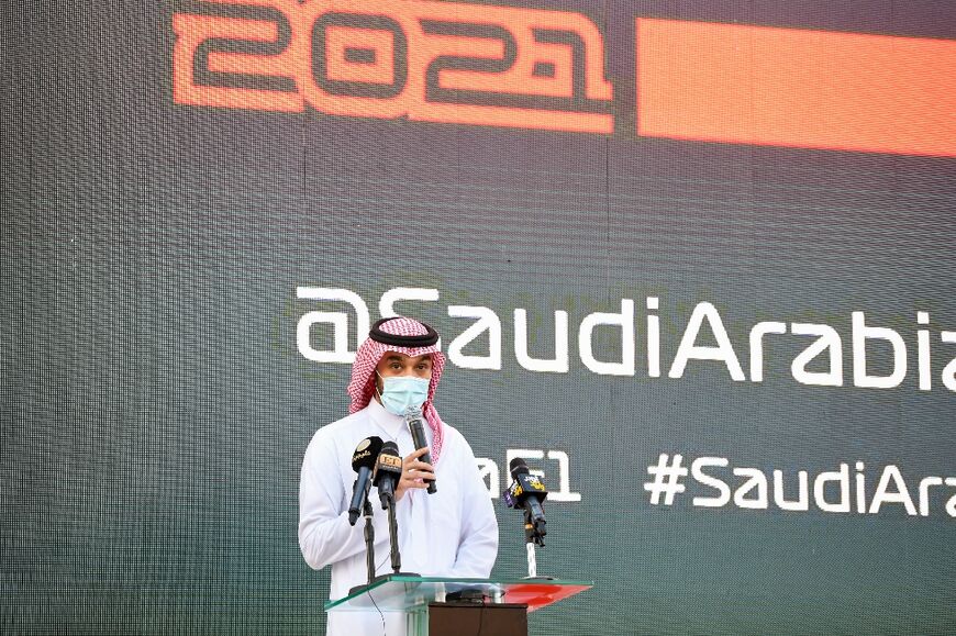 Saudi Sports Minister Prince Abdulaziz bin Turki speaks during a press conference to announce the Saudi Arabian Grand Prix as part of the 2021 F1 calendar