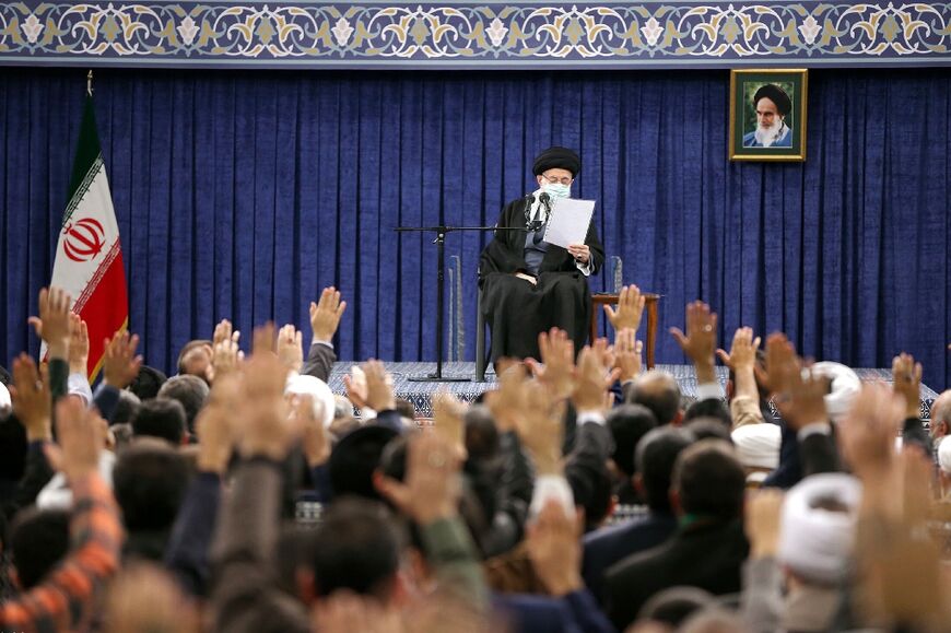 Iran's Supreme Leader Ayatollah Ali Khamenei giving an address before visitors from the city of Qom in the capital Tehran on January 9, 2023