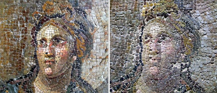 A mosaic at the Antakya museum before and after restoration