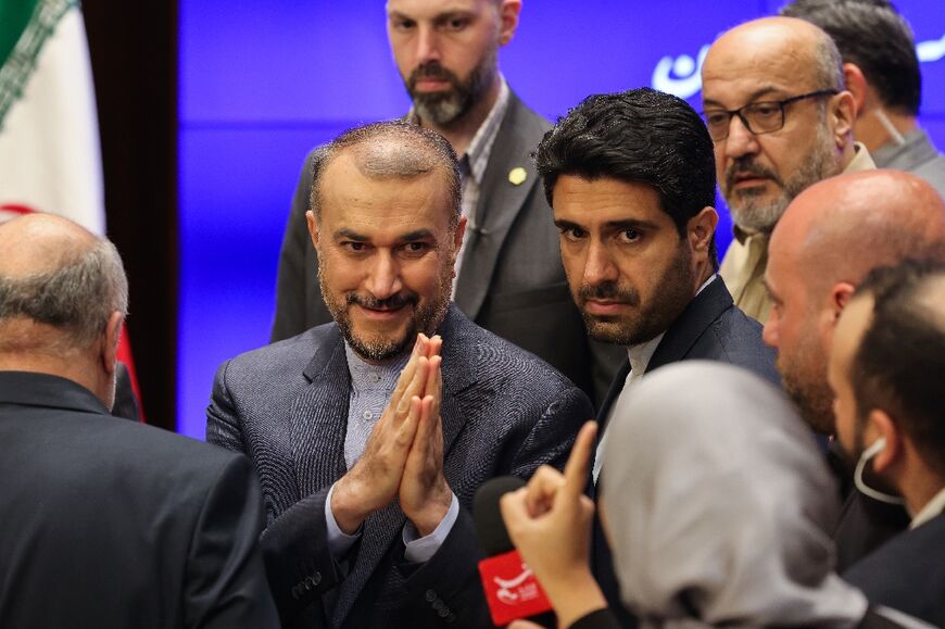 Amir-Abdollahian speaks to reporters after his press conference at the Iranian embassy in Beirut