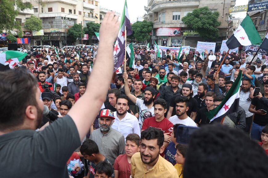 Syrians angry at Assad's rehabilitation protest in the rebel-held city of Idlib
