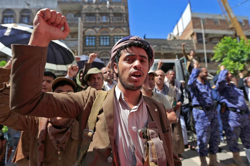 Supporters of Yemen's Huthi rebels chant slogans during the annual anti-US protest, in Sanaa on May 24, 2023