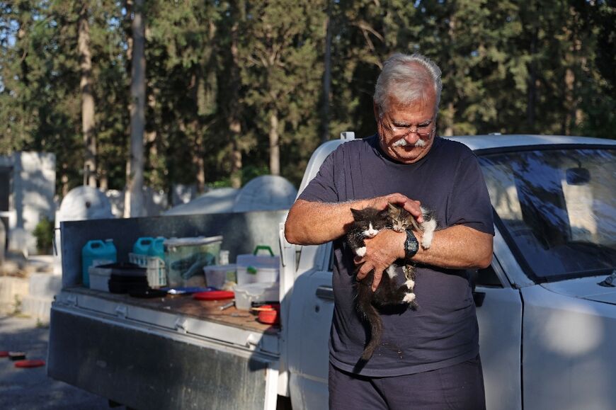 Dinos Agiomamitis feeding stray cats at a cemetery in Nicosia, as he has been doing every morning for the past 25 years