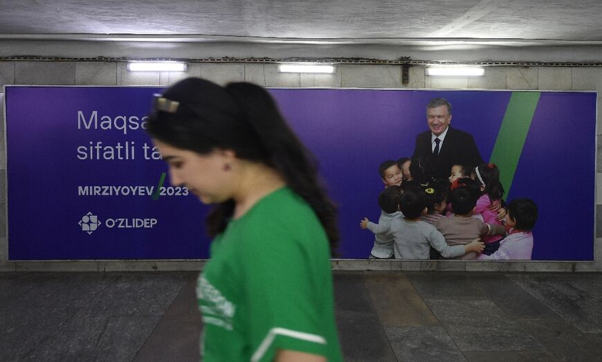 A campaign billboard in Tashkent showing Uzbek President Shavkat Mirziyoyev