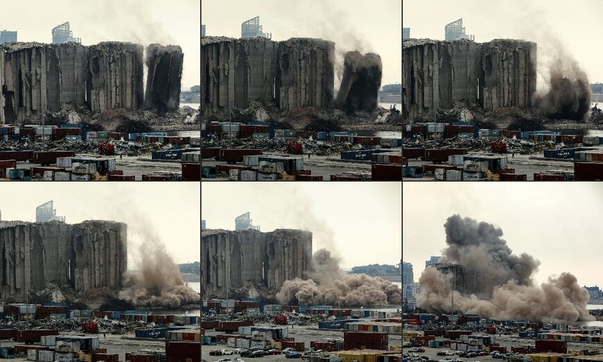 The blast-damaged grain silos collapse on August 4, 2022