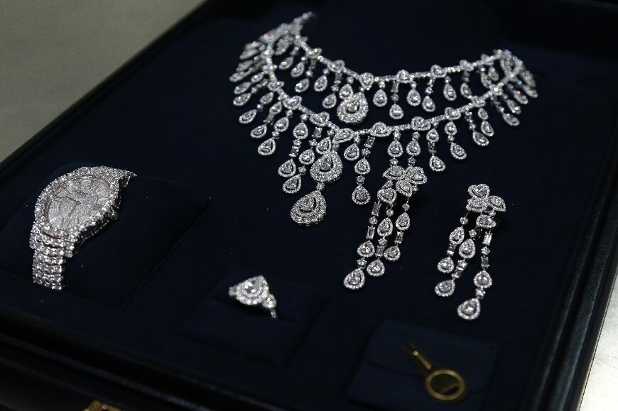 Jewelry gifted to former Brazilian President Jair Bolsonaro and former first lady Michelle Bolsonaro by the Saudi government and seized by customs officials is displayed at Guarulhos International Airport in Sao Paulo, Brazil, on March 15, 2023