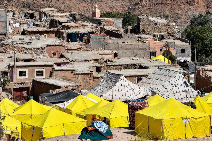 Relief tents are erected in the earthquake-hit village of Inghede