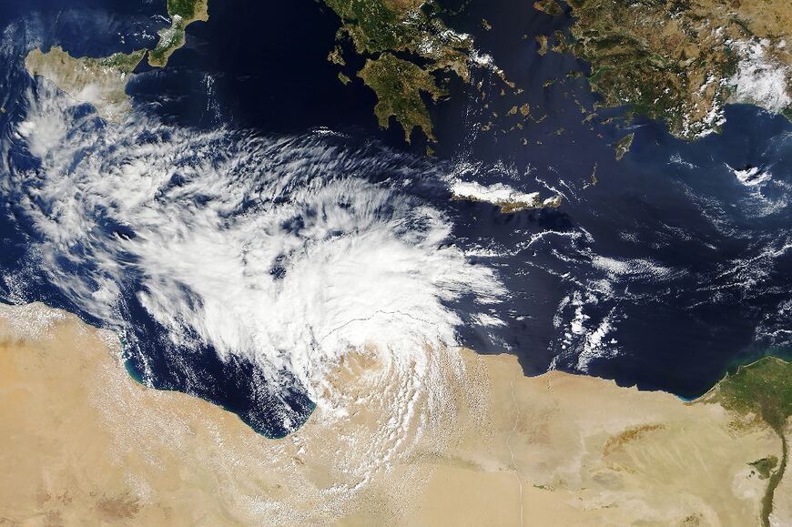 A satellite image of Mediterranean Storm Daniel as it made landfall in Libya on September 10, 2023, causing the flood disaster, courtesy the NASA Earth Observatory 