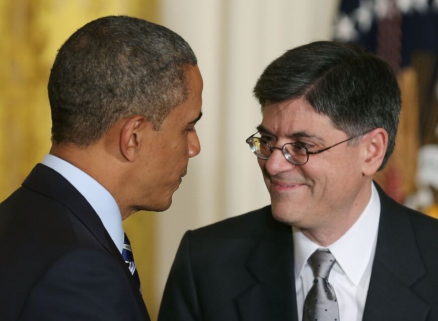 US president Barack Obama shakes hands with Jack Lew after nominating him for Treasury Secretary at the White House on January 10, 2013