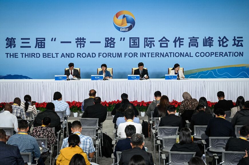 Journalists attend a press conference of the Belt and Road Forum at National Convention Center in Beijing on October 16, 2023.