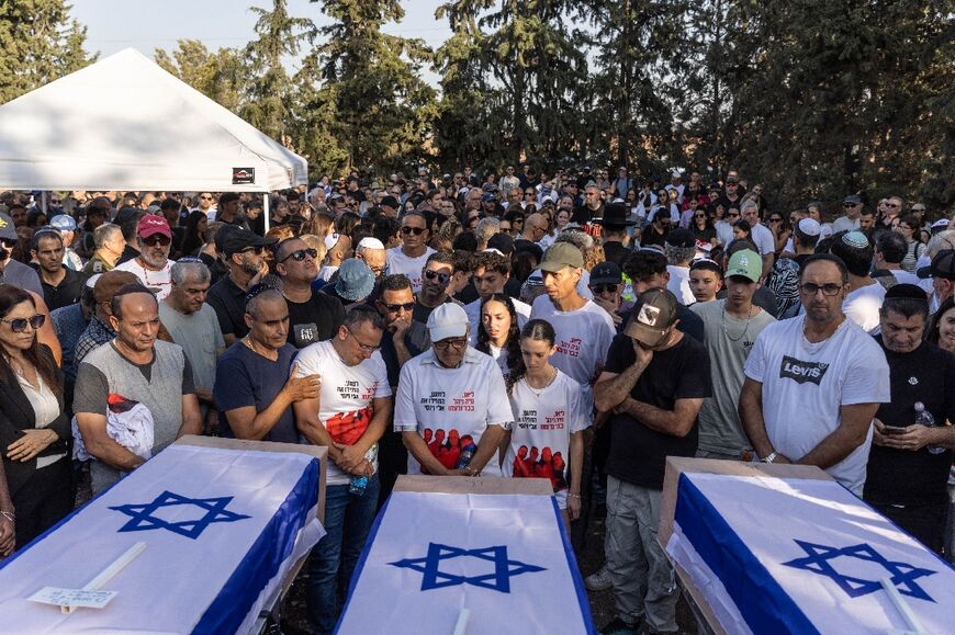 The funeral of British-Israeli Lianne Sharabi and her daughters Noiya and Yahel, killed in the October 7 attack by Hamas militants in Kfar Harif in southern Israel