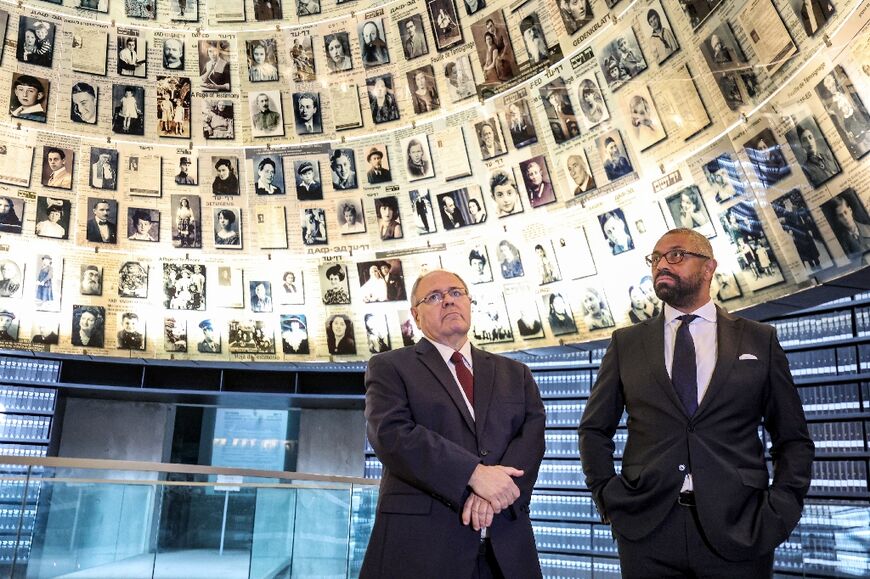 Yad Vashem chairman Dani Dayan (L) escorts British Foreign Secretary James Cleverly on a tour of the Israeli Holocaust memorial last month