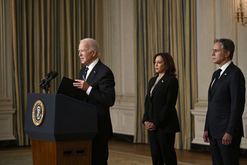 US President Joe Biden was flanked by Vice President Kamala Harris and Secretary of State Antony Blinken during his remarks