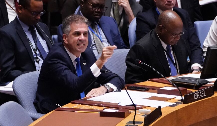 Israeli Foreign Minister Eli Cohen speaks during a United Nations Security Council meeting 