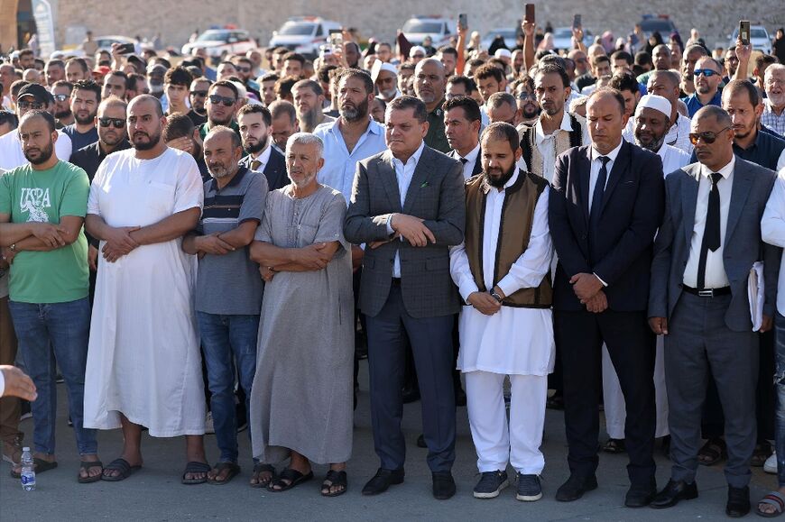 Tripoli-based Prime Minister Abdulhamid Dbeibah jooins mourners to pray for the flood victims 