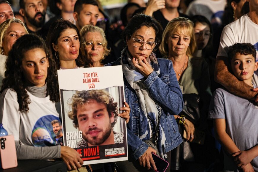 Relatives, friends and supporters of Alon Ohel, held hostage in Gaza since the October 7 attack by Hamas militants, protest to ask for the release of hostages in Tel Aviv on November 22, 2023