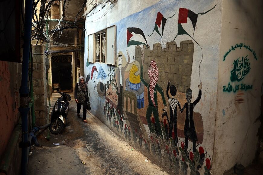The Burj al-Barajneh camp is a labyrinth of alleyways, some bearing pictures of former Palestinian leader Yasser Arafat, or stencils and posters in support of Hamas