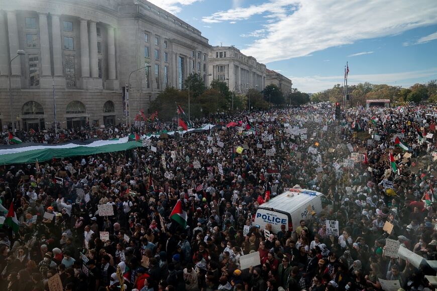 Demonstrators gather in Freedom Plaza during a rally in support of Palestinians in Washington, DC, on November 4, 2023