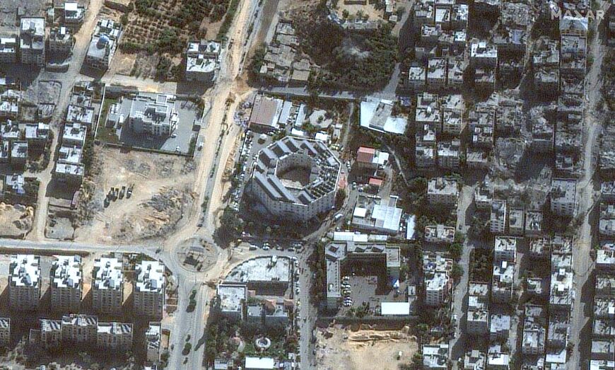 This satellite picture released by Maxar Technologies on November 12, 2023 shows the damage around the Indonesian Hospital in Beit Lahia in the Gaza Strip