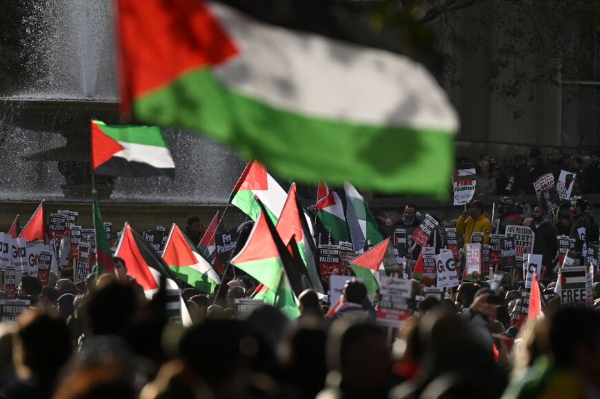 Pro-Palestinian demonstrators rally in London's Trafalgar Square calling for an immediate ceasefire in the conflict between Israel and Hamas