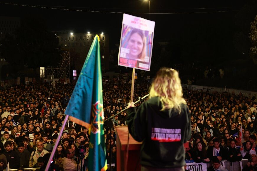Israelis rally to call for the release of hostages abducted by Palestinian militants during the October 7 attack, in Jerusalem on December 28, 2023