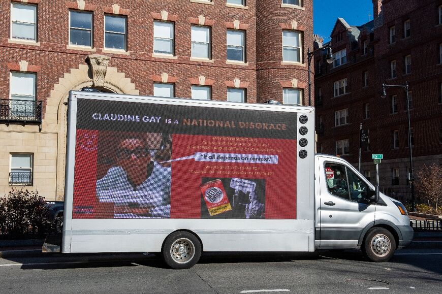 A conservative group drove a billboard truck around Harvard emblazoned with messages accusing Gay of anti-Semitism and being a 'national disgrace'