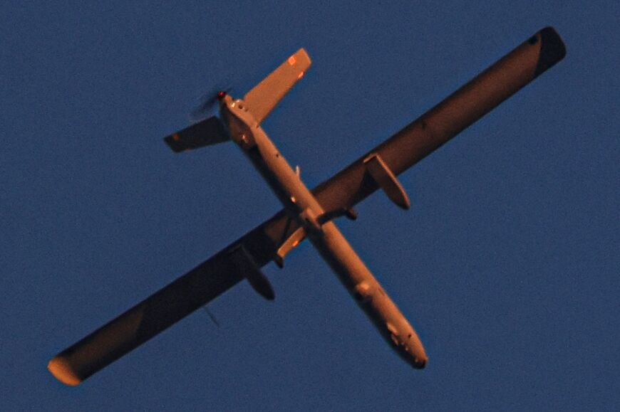 An Israeli unmanned aerial vehicle (UAV or drone) flies over Rafah in the southern Gaza Strip 